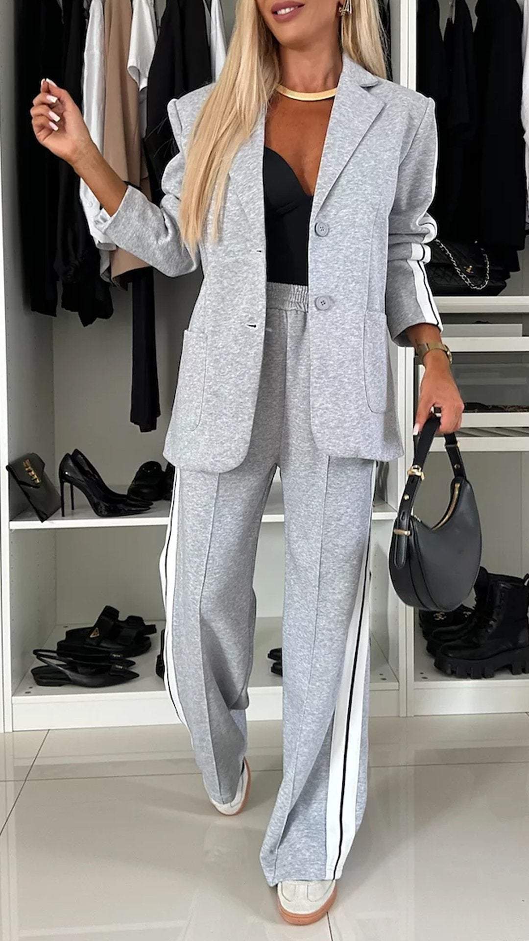 Women's Casual Suit Lapel Single-breasted Jacket And Striped Pants