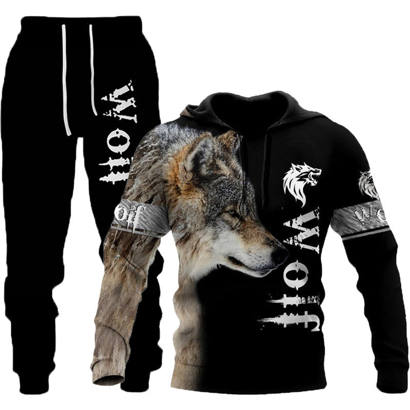 3D Wolf Print Tracksuit Men Sportswear Hooded Sweatsuit Two Piece