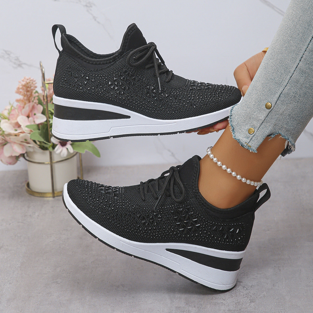 Ins Rhinestone Sneakers Fashion Lace Up Women's Sports Shoes
