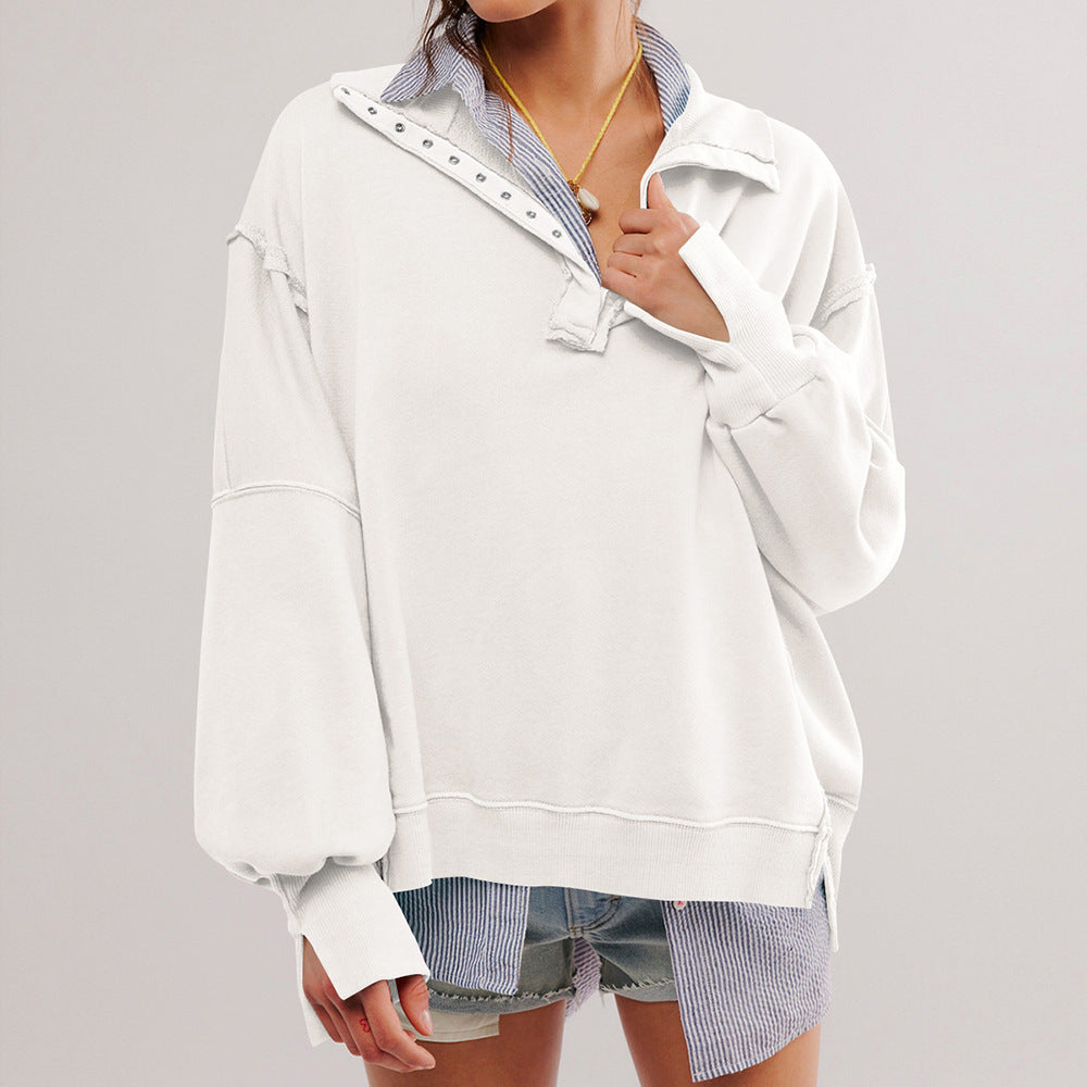 Fashion Button Lapel Sweatshirt With Slit Design Casual Sports