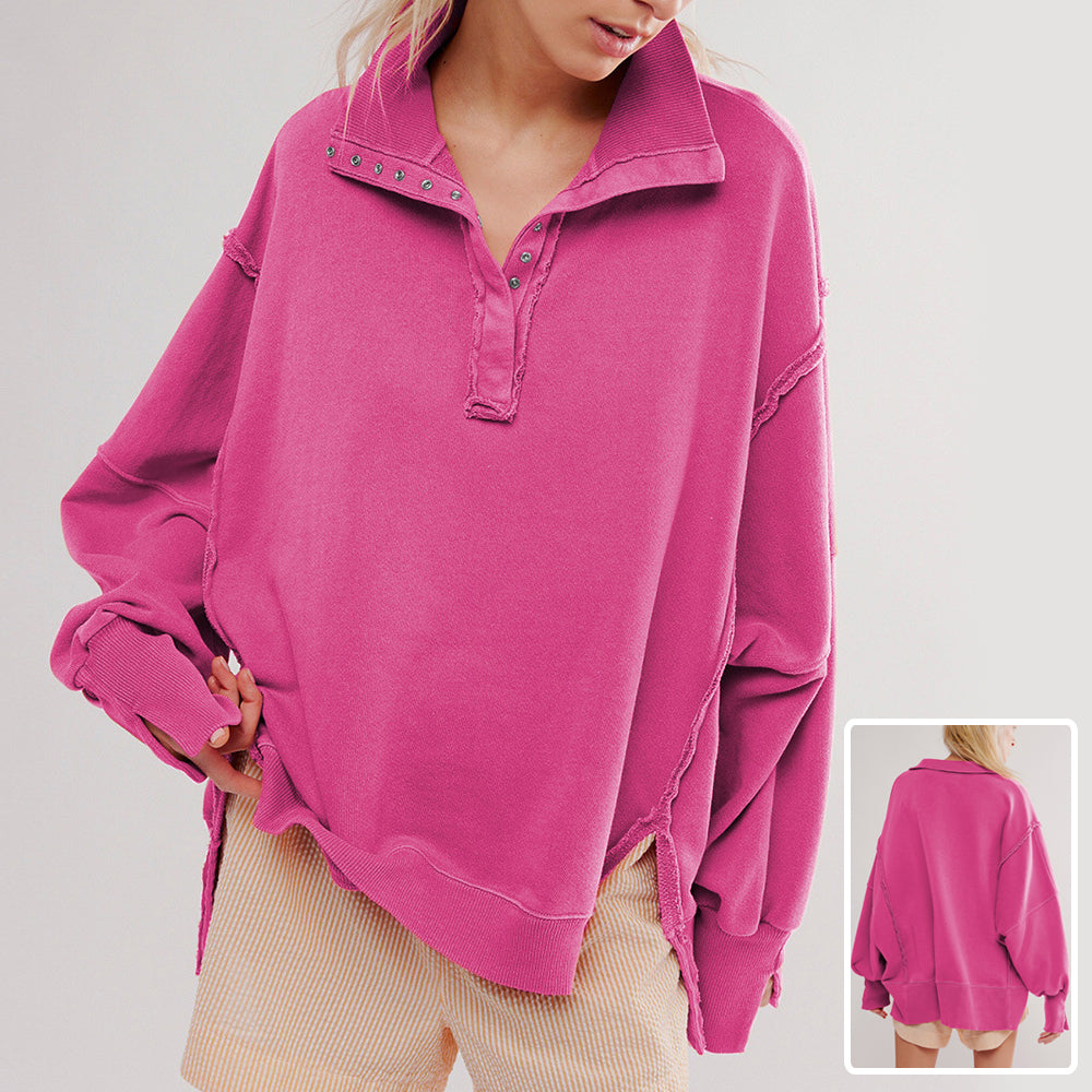 Fashion Button Lapel Sweatshirt With Slit Design Casual Sports
