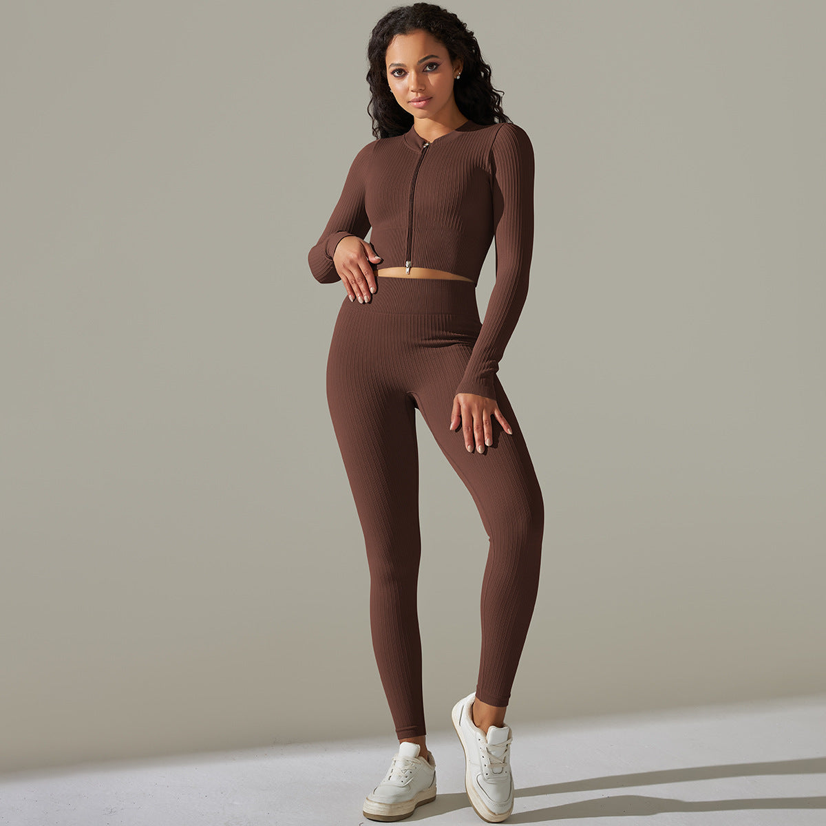 Seamless High Elastic Zipper Stripes Long Sleeve Yoga Wear Suit