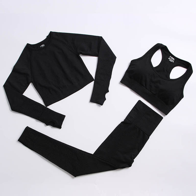 Fitness Sports Yoga Clothing Suit Women Seamless Quick-drying Stretch Knit Long Sleeves