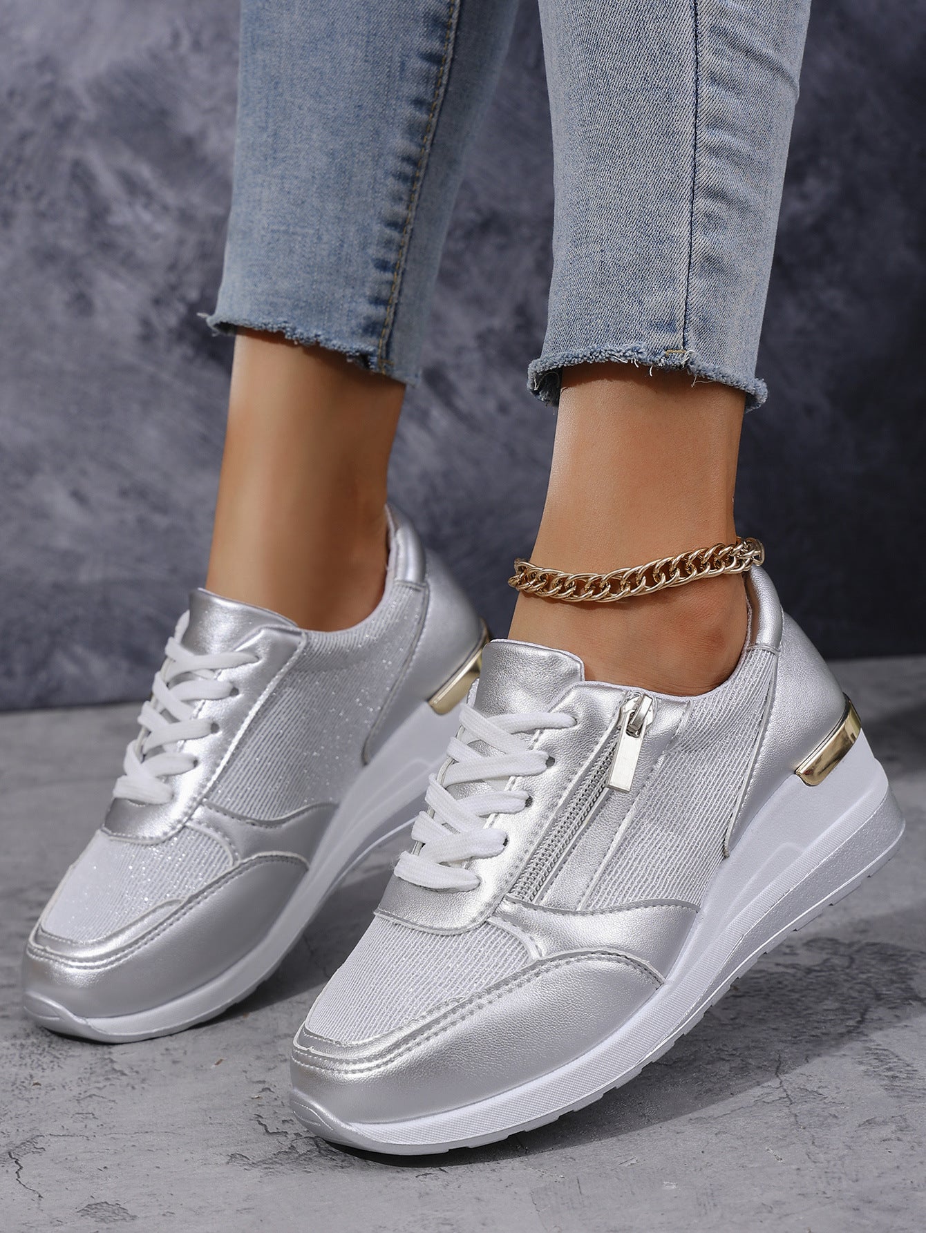 Women's Lace-up Casual Shoes Fashion Side Zipper Design