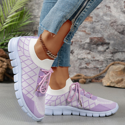 Colorblock Plaid Lace-Up Flyknit Running Sports Shoes For Women