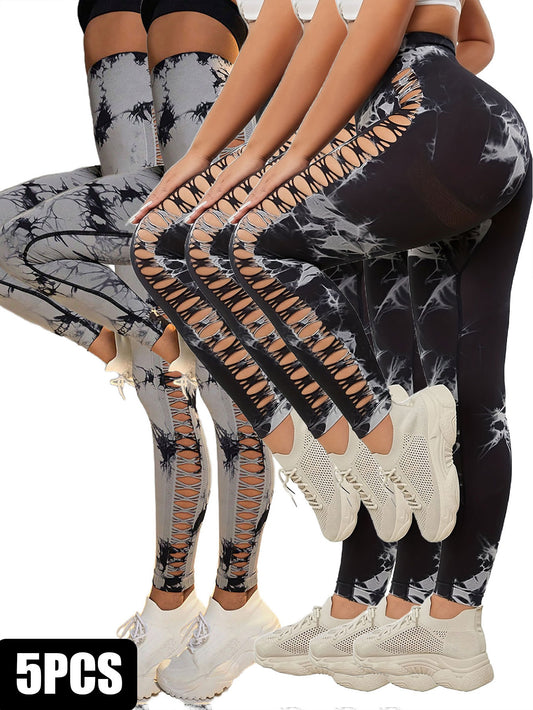 5 Pack Women's Tie-Dye Cutout Yoga Pants High-Waisted Leggings Women's