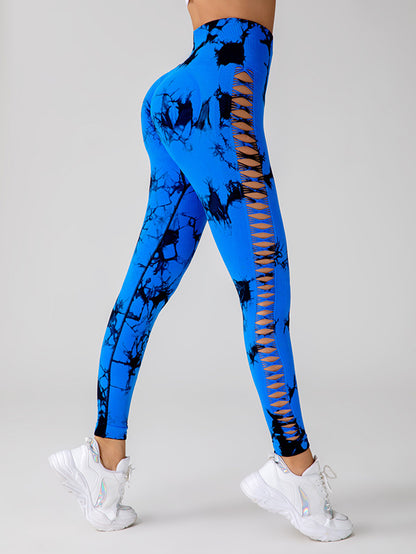 Cut Out Side Hollow Tie Dyed Yoga Pants High Waist And Hip Lifting Fitness