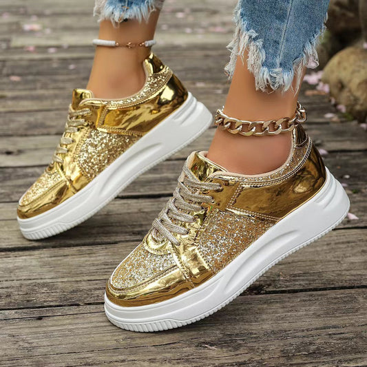 Fashion Lace-up Flat Shoes With Sequin Design Casual Sports