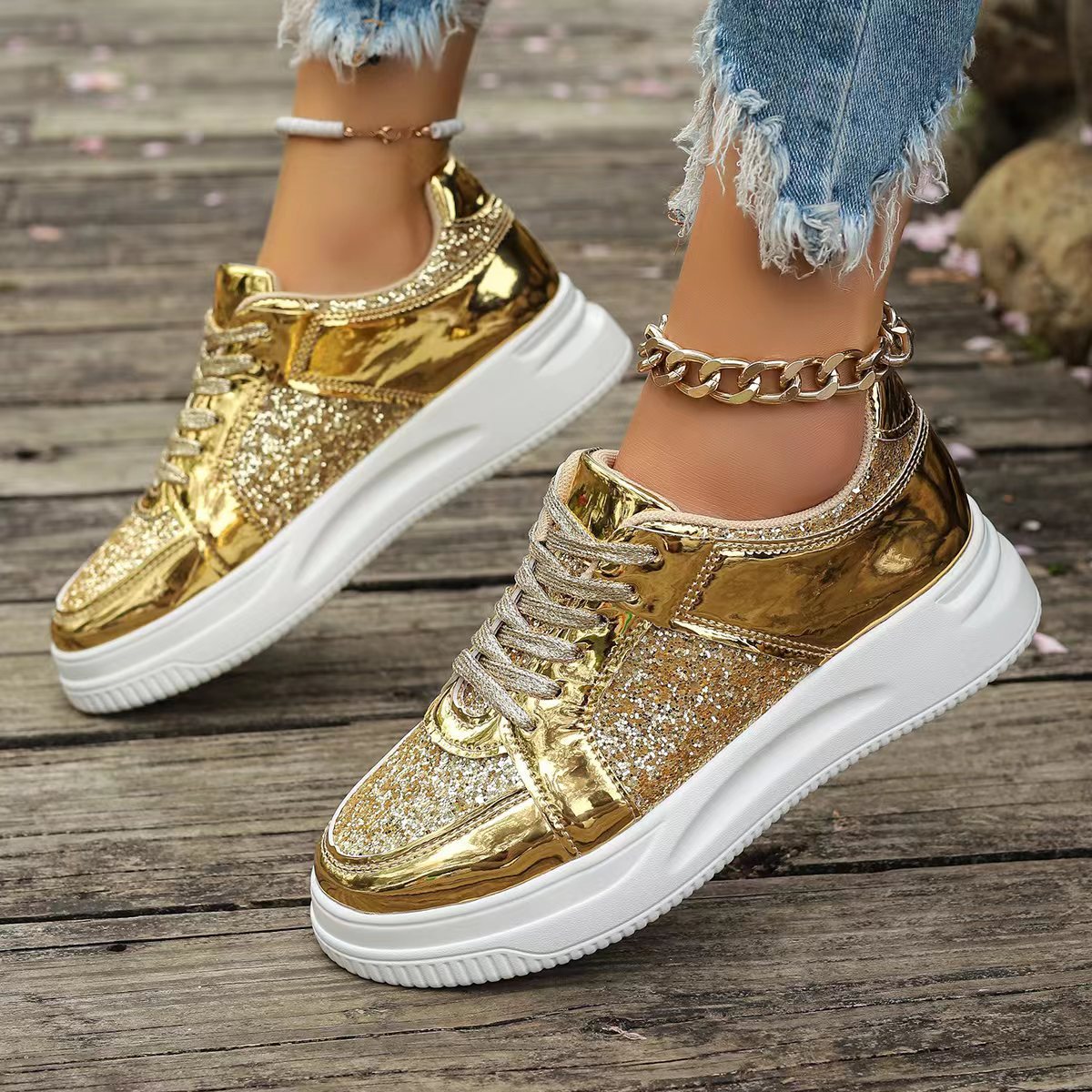 Fashion Lace-up Flat Shoes With Sequin Design Casual Sports