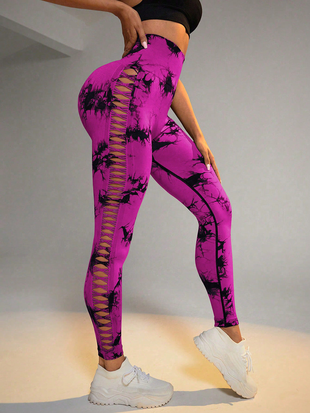 Hollow Tie Dye Printed Yoga Pants High Waist Butt Lift