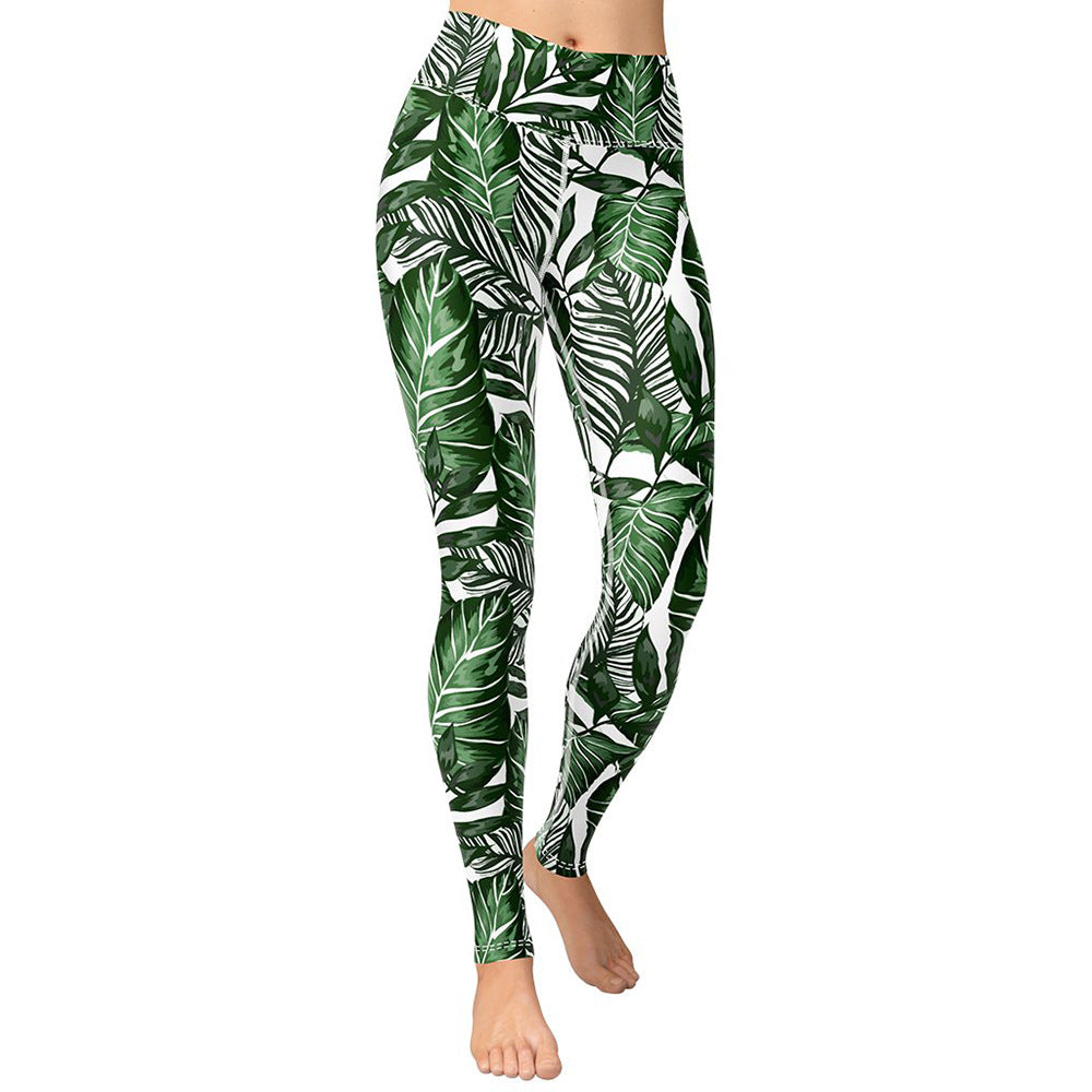 Europe And America Large Palm Leaf Printing Exercise Tight Yoga Pants