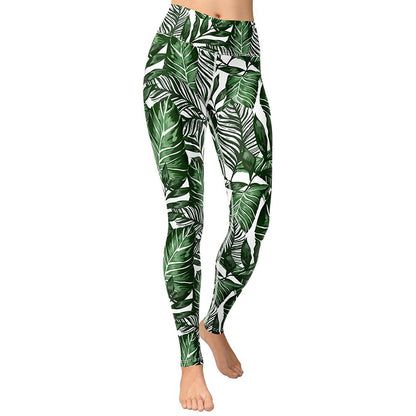 Europe And America Large Palm Leaf Printing Exercise Tight Yoga Pants