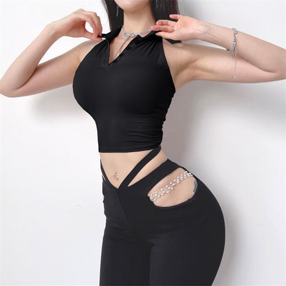 Women's Lapel Skinny Fitness Quick Dry Sleeveless Tank Top