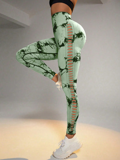 Cut Out Side Hollow Tie Dyed Yoga Pants High Waist And Hip Lifting Fitness
