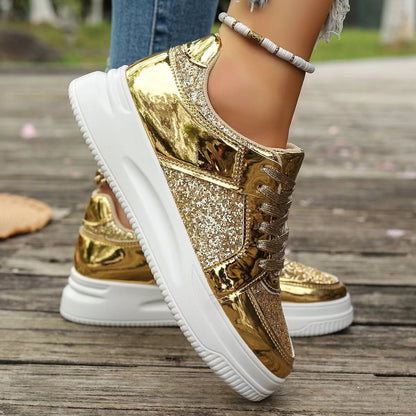 Fashion Lace-up Flat Shoes With Sequin Design Casual Sports