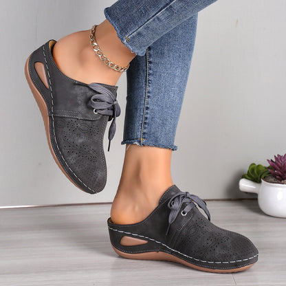Summer Baotou Lace-up Slippers Outdoor Hollow Out Wedges