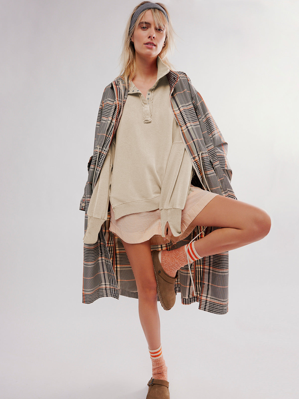 Fashion Button Lapel Sweatshirt With Slit Design Casual Sports