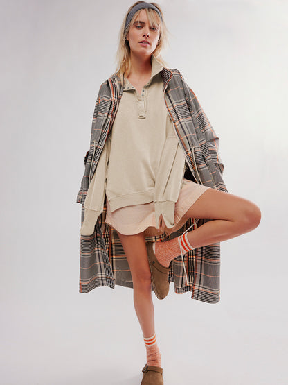 Fashion Button Lapel Sweatshirt With Slit Design Casual Sports