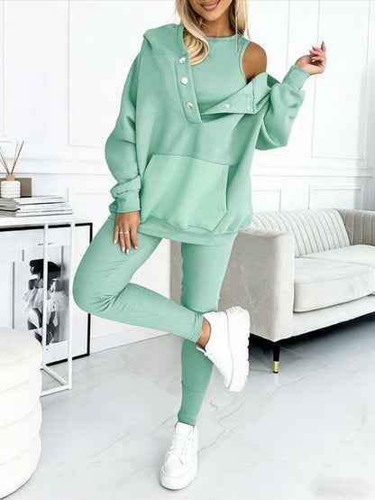 3pcs Women's Sports Suit Loose Hooded Pockets