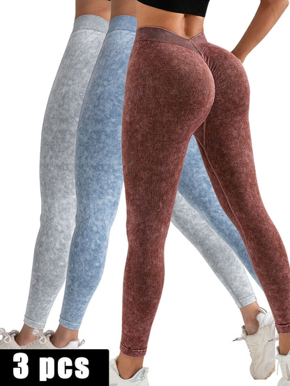 3 Pack V-Back Scrunch Butt Workout Leggings Women Seamless Gym
