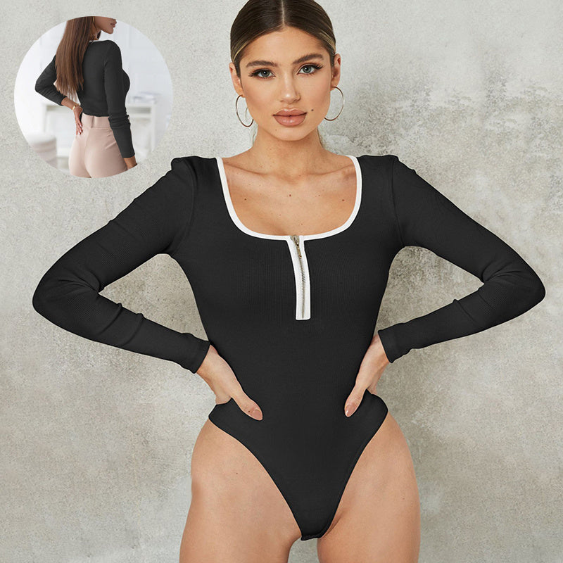 Tight Long Sleeve Jumpsuit Fashion Square Neck Zipper Fitness Romper