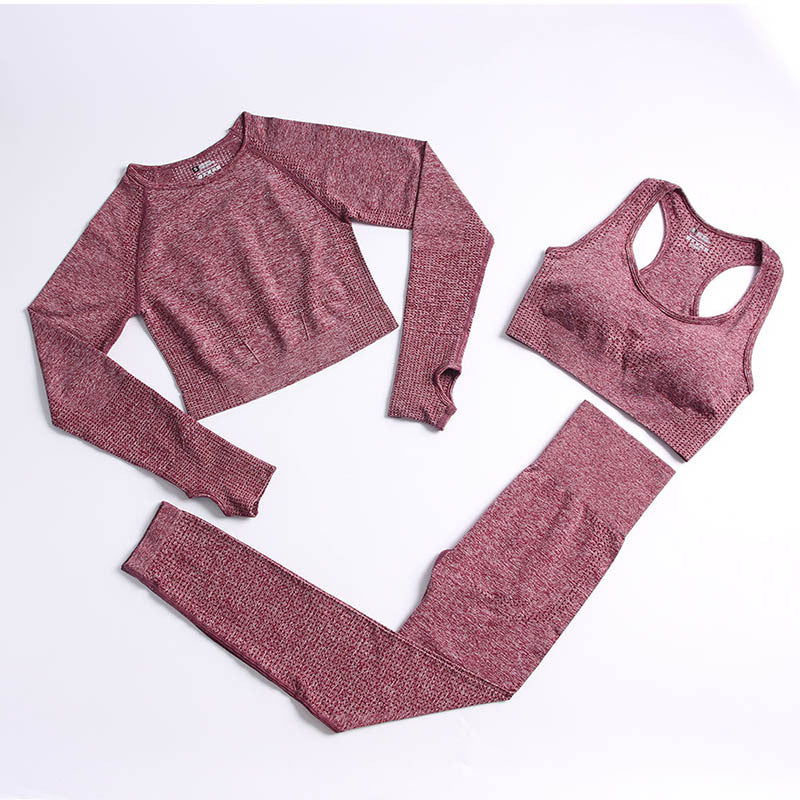 Fitness Sports Yoga Clothing Suit Women Seamless Quick-drying Stretch Knit Long Sleeves