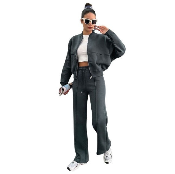 Women's Sports Suits Zipper Jacket And Wide Leg Pants
