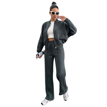 Women's Sports Suits Zipper Jacket And Wide Leg Pants