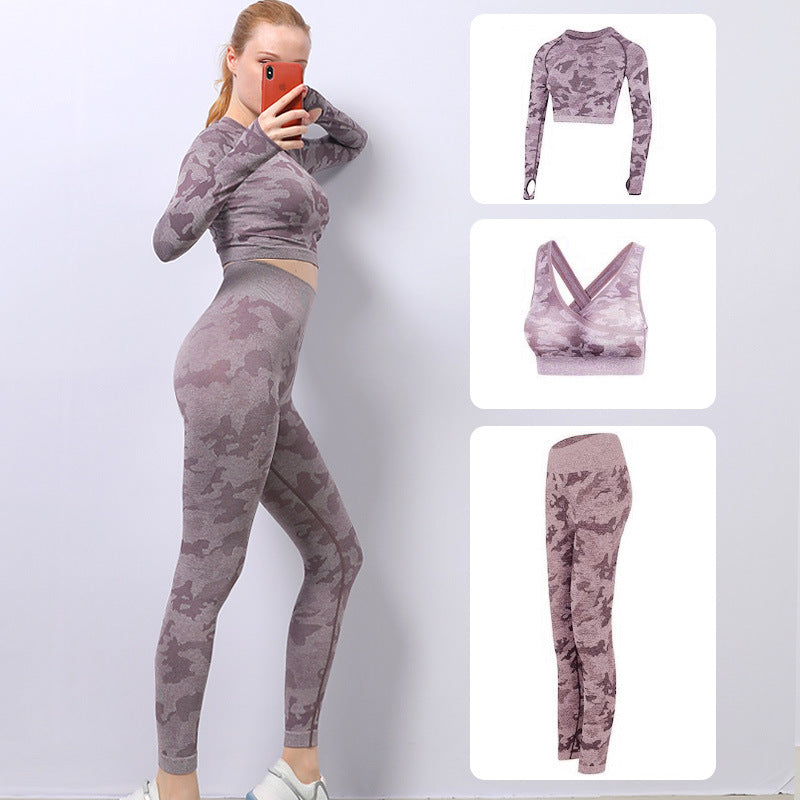 Camouflage High Elasticity Slim Quick Drying Yoga Wear Three Piece Set