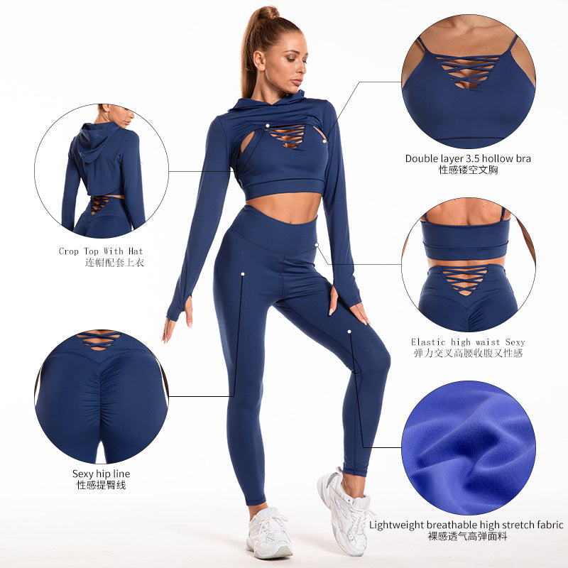 3 pieces Sports Suits Long Sleeve Hooded Top Leggings Sports Gym Clothing