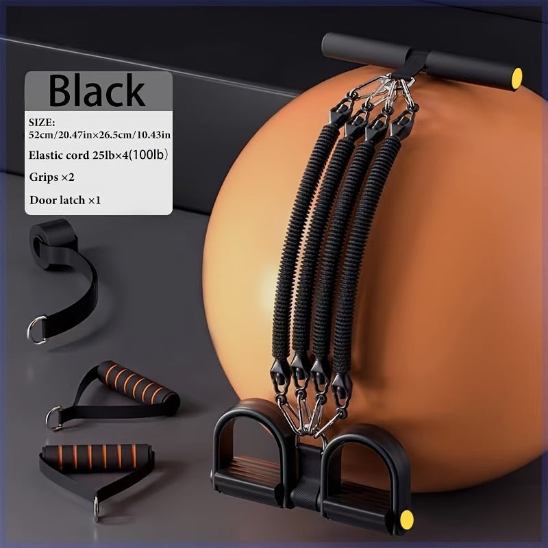 A Set Of Adjustable Resistance Tension Bands With Foot Pedals And Handles