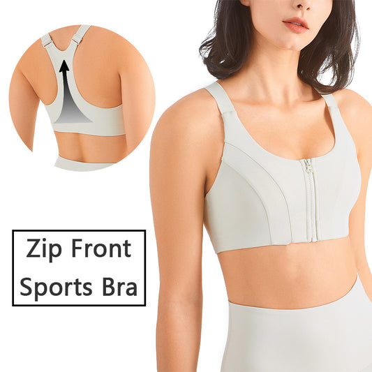 Zip Front Sports Bra Shock Absorption Gather For Women
