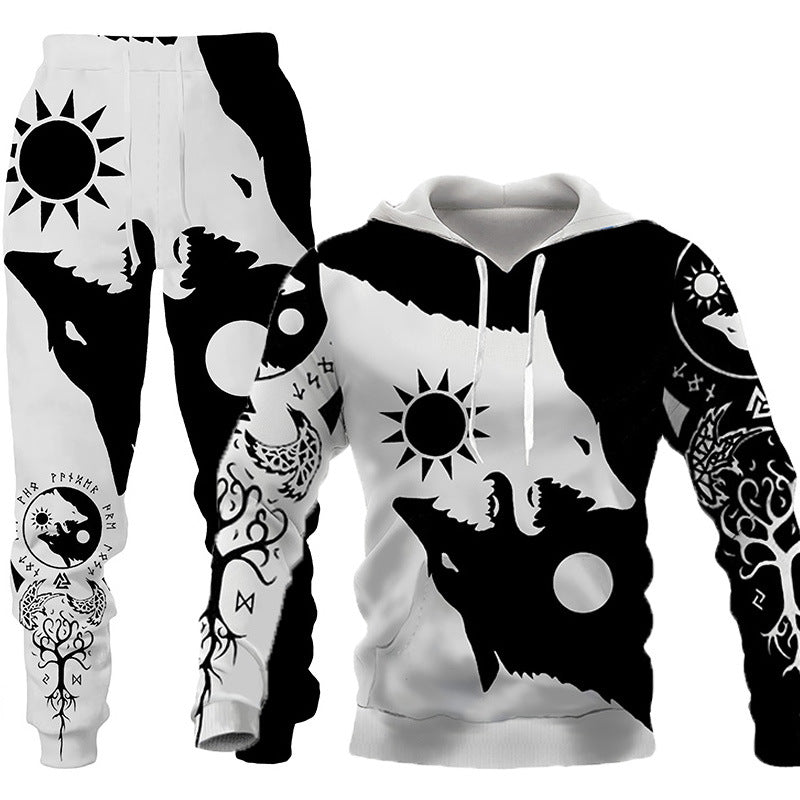 3D Wolf Print Tracksuit Men Sportswear Hooded Sweatsuit Two Piece