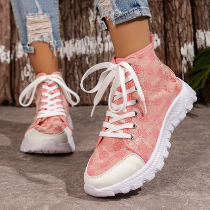 Rose-printed Lace-up Boots Fashion Shoes Sports
