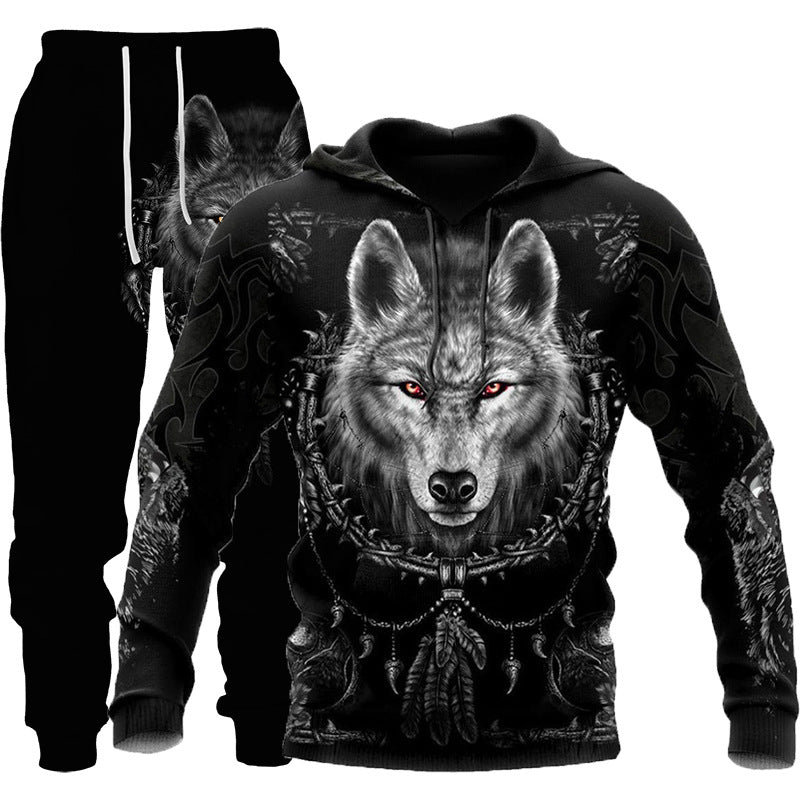 3D Wolf Print Tracksuit Men Sportswear Hooded Sweatsuit Two Piece