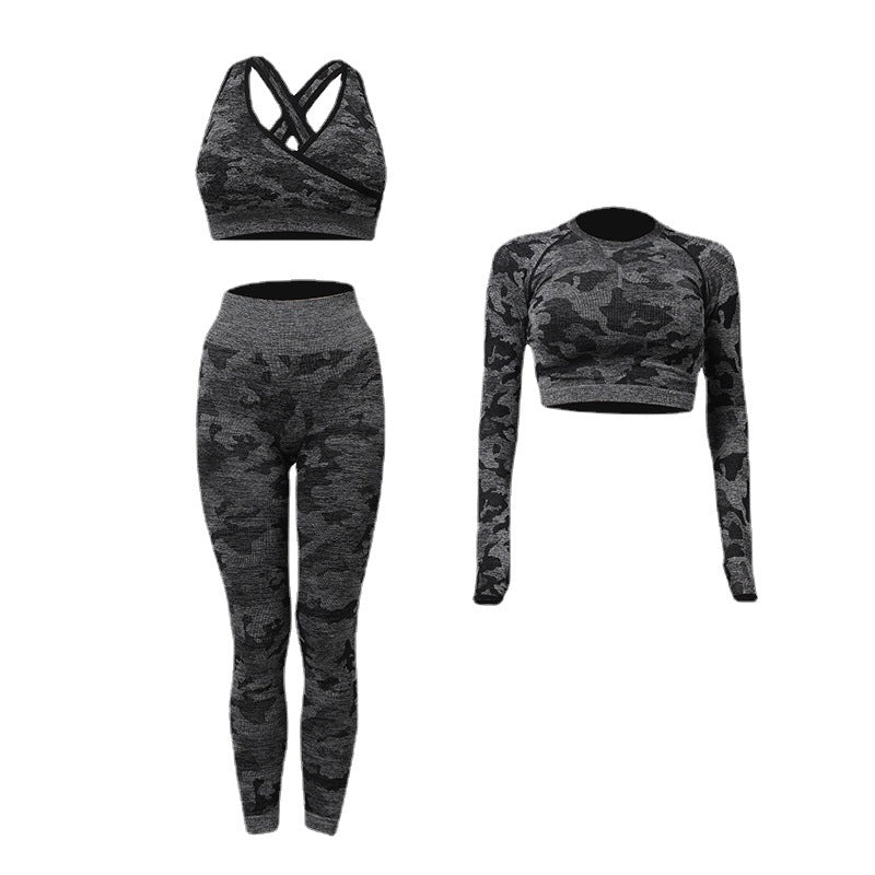 Camouflage High Elasticity Slim Quick Drying Yoga Wear Three Piece Set