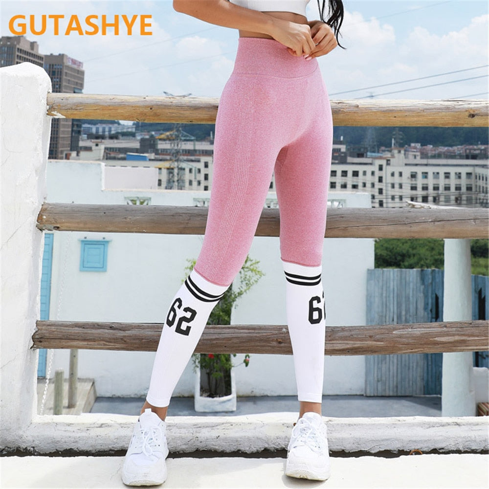 Ladies Yoga Pants Striped Letters Seamless Legs Tie