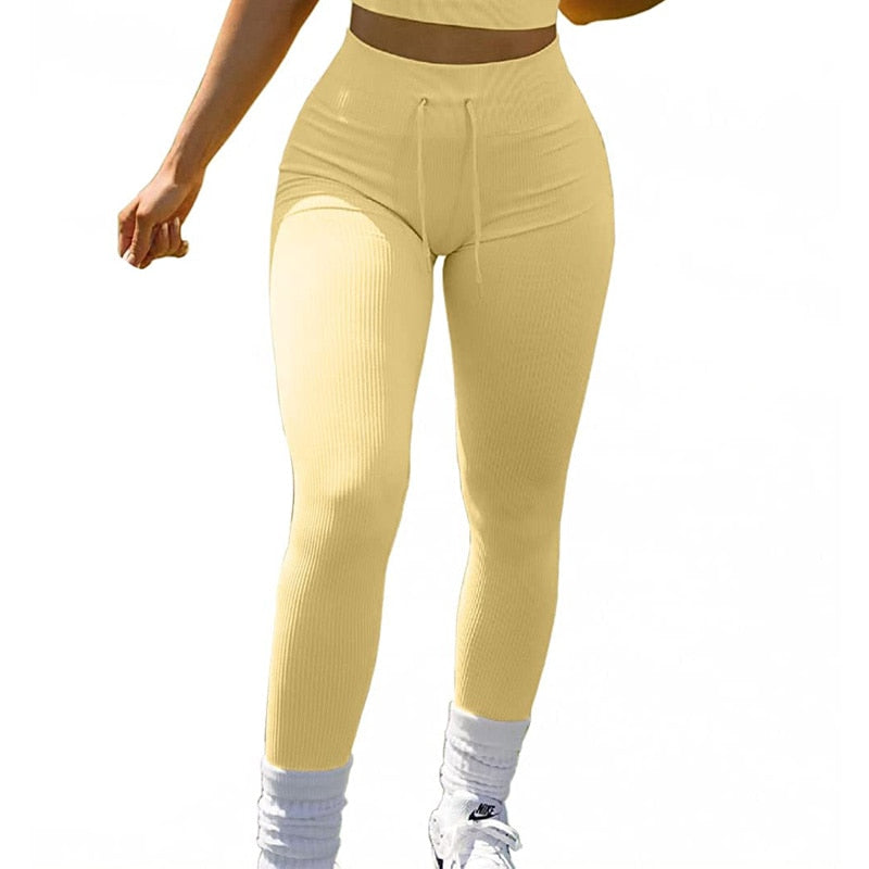 Ribbed Seamless High Waist Leggings Drawstring