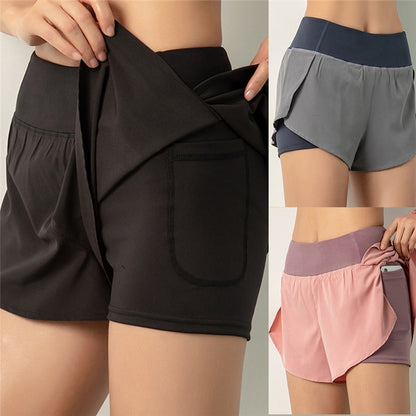 Women Gym Double Shorts Side Pocket Running Shorts