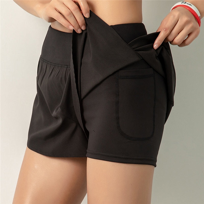 Women Gym Double Shorts Side Pocket Running Shorts