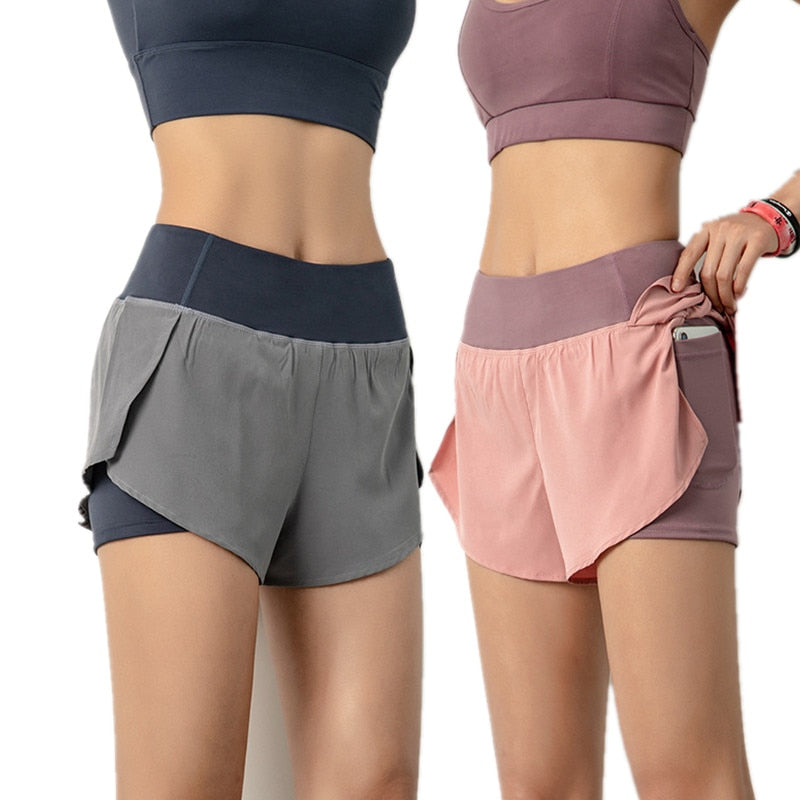 Women Gym Double Shorts Side Pocket Running Shorts