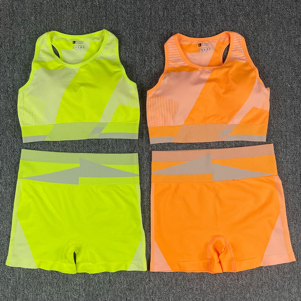 NEW Women Yoga Set Sport Bra and Shorts fluorescent