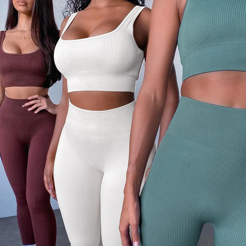 White Yoga Sets Sport Femme Rib Activewear Set