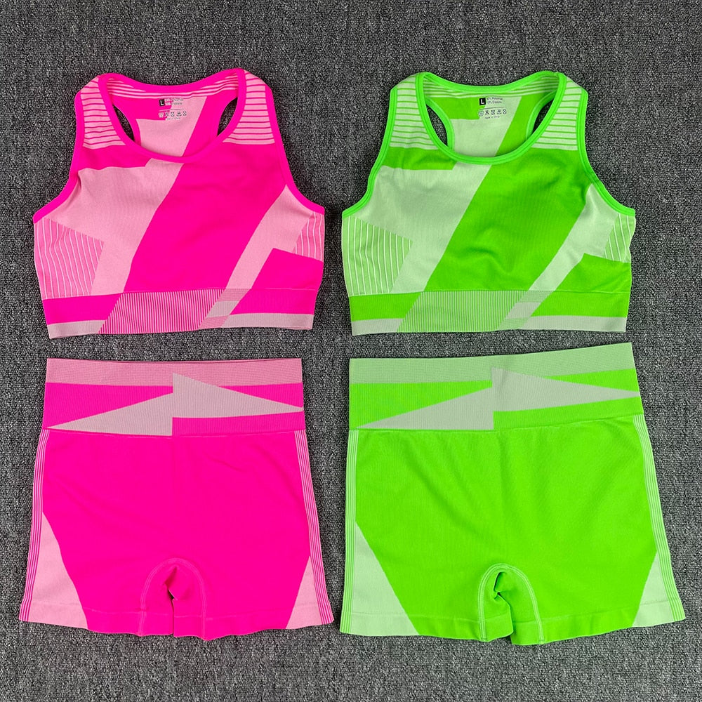 NEW Women Yoga Set Sport Bra and Shorts fluorescent