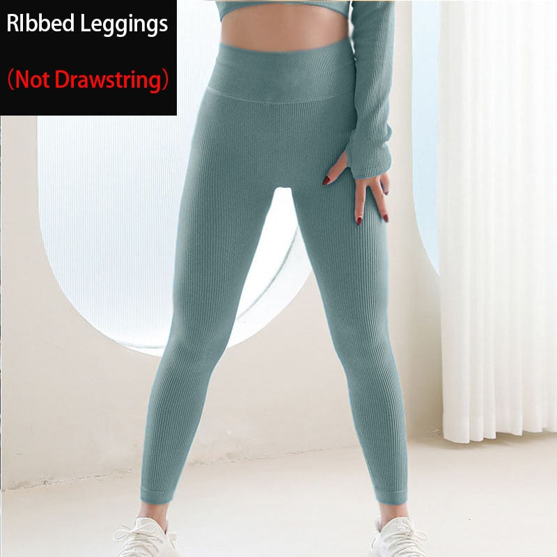 Ribbed Drawstring Yoga Pants Seamless Workout