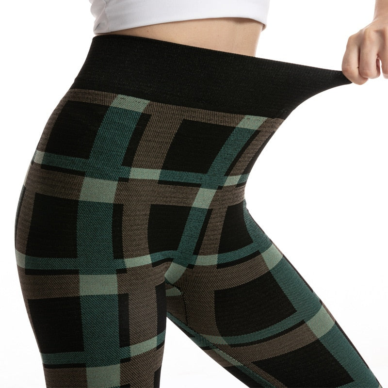 Sports Pants Sexy Leggings High Waist Plaid Printed