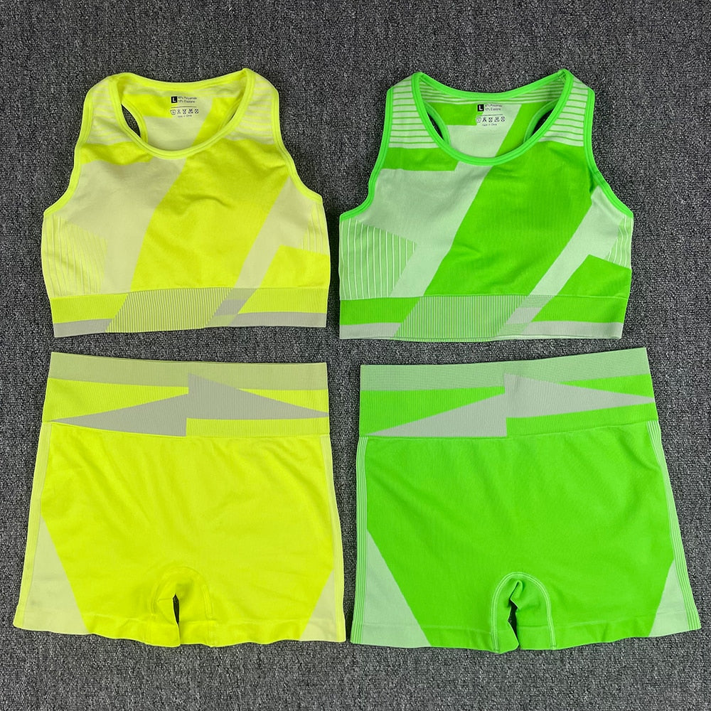 NEW Women Yoga Set Sport Bra and Shorts fluorescent