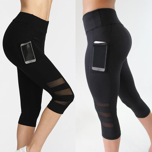 yoga running legging Capri Sport pants Women Fitness Gym High Waist Legging Girl Black Mesh 3/4 Yoga Pants