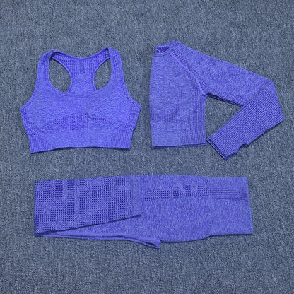 Vital Seamless Yoga Set Woman Sportswear 3 Pieces Long Sleeve Crop Top+Gym Leggings+Sport Brassiere Female Fitness Sports Suits