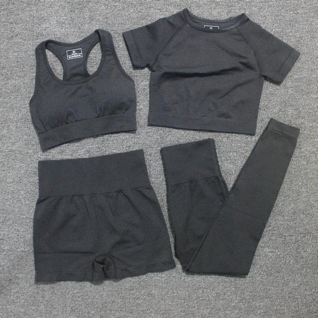 4 Pcs/Set Yoga Set Seamless Leggings+Short Sleeve Crop Top+Sports Bra+Sport Shorts Sports Wear Women Gym Clothing Sports Suit